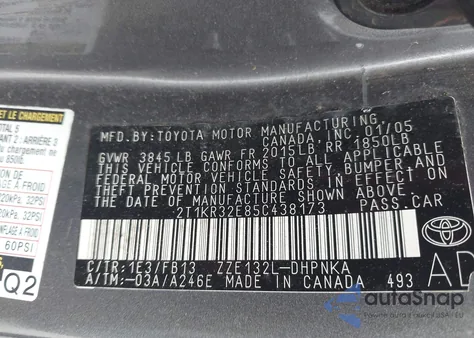 2005 Toyota Matrix Xr из США, поврежденный, VIN 2T1KR32E85C438173